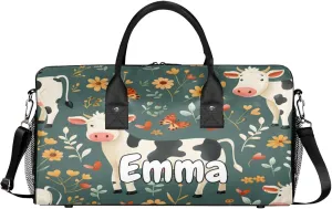 Personalized Funny Cattles Travel Duffel Bag with Name, Custom Gym Sport Bag Farmhouse Milk Cow Carry On Weekend Overnight Duffel Bag for Men Women
