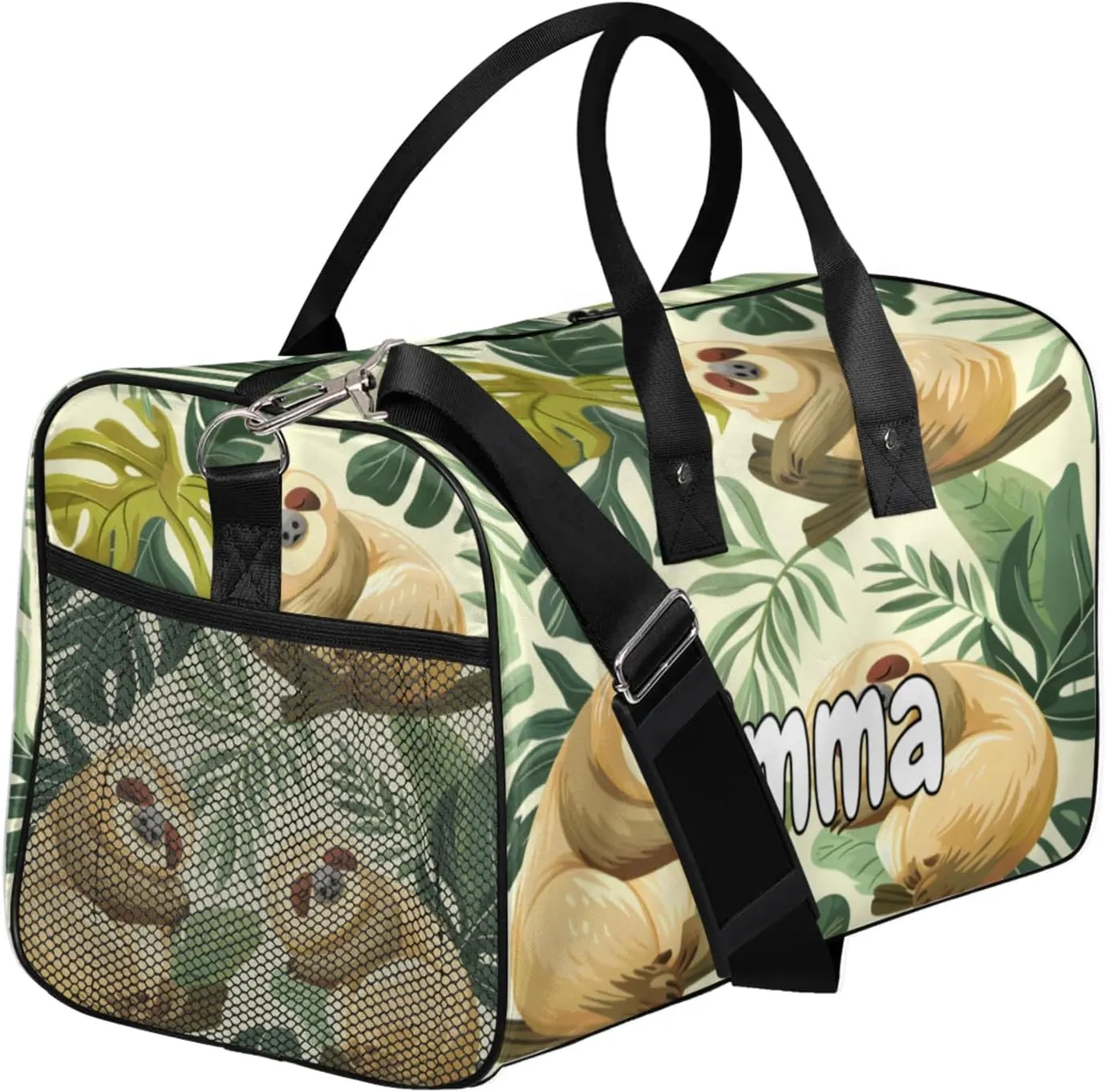 Personalized Funny Sloth Travel Duffel Bag with Name, Custom Gym Sport Bag Jungle Cute Sloth Carry On Weekend Overnight Duffel Bag for Men Women