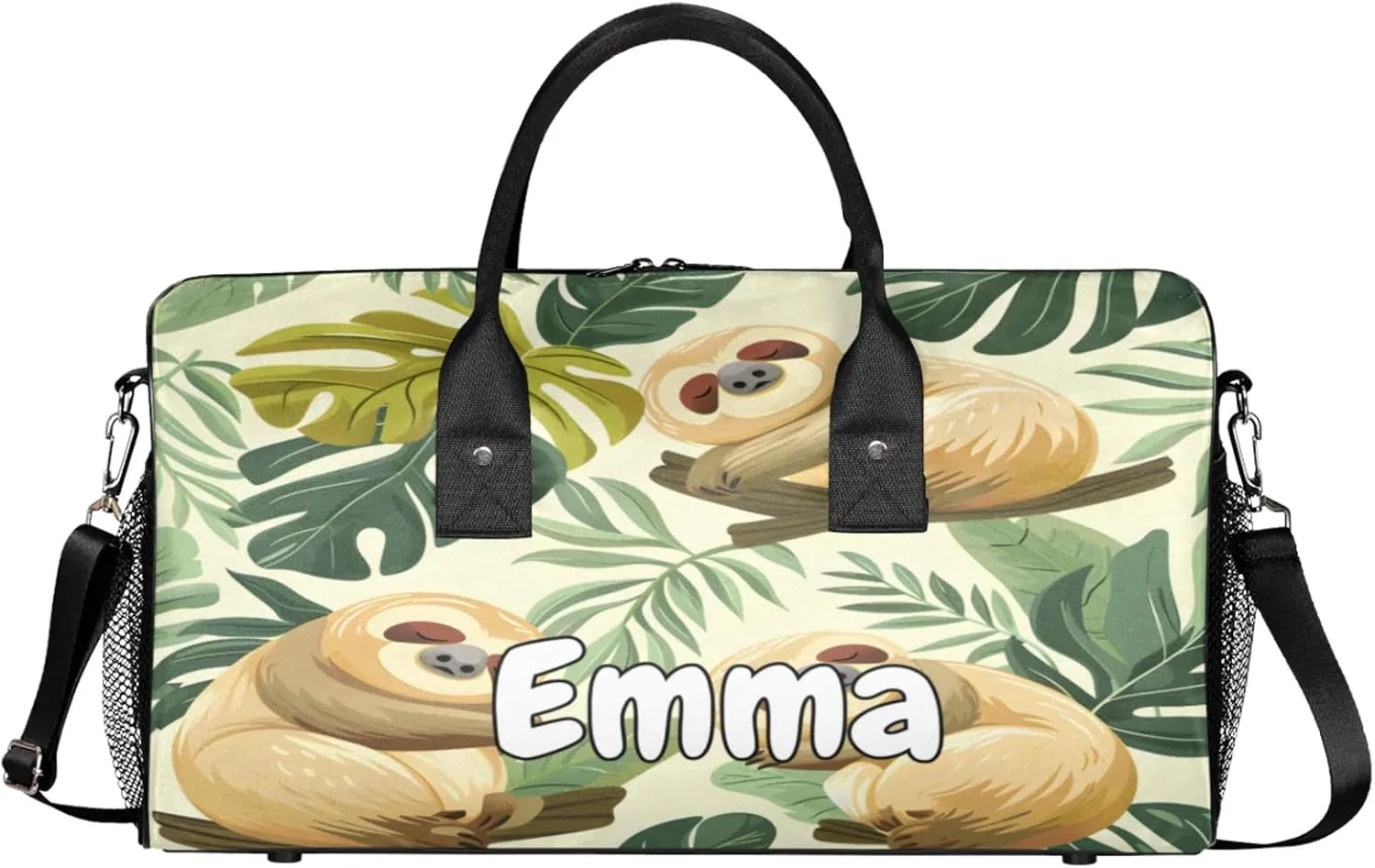 Personalized Funny Sloth Travel Duffel Bag with Name, Custom Gym Sport Bag Jungle Cute Sloth Carry On Weekend Overnight Duffel Bag for Men Women