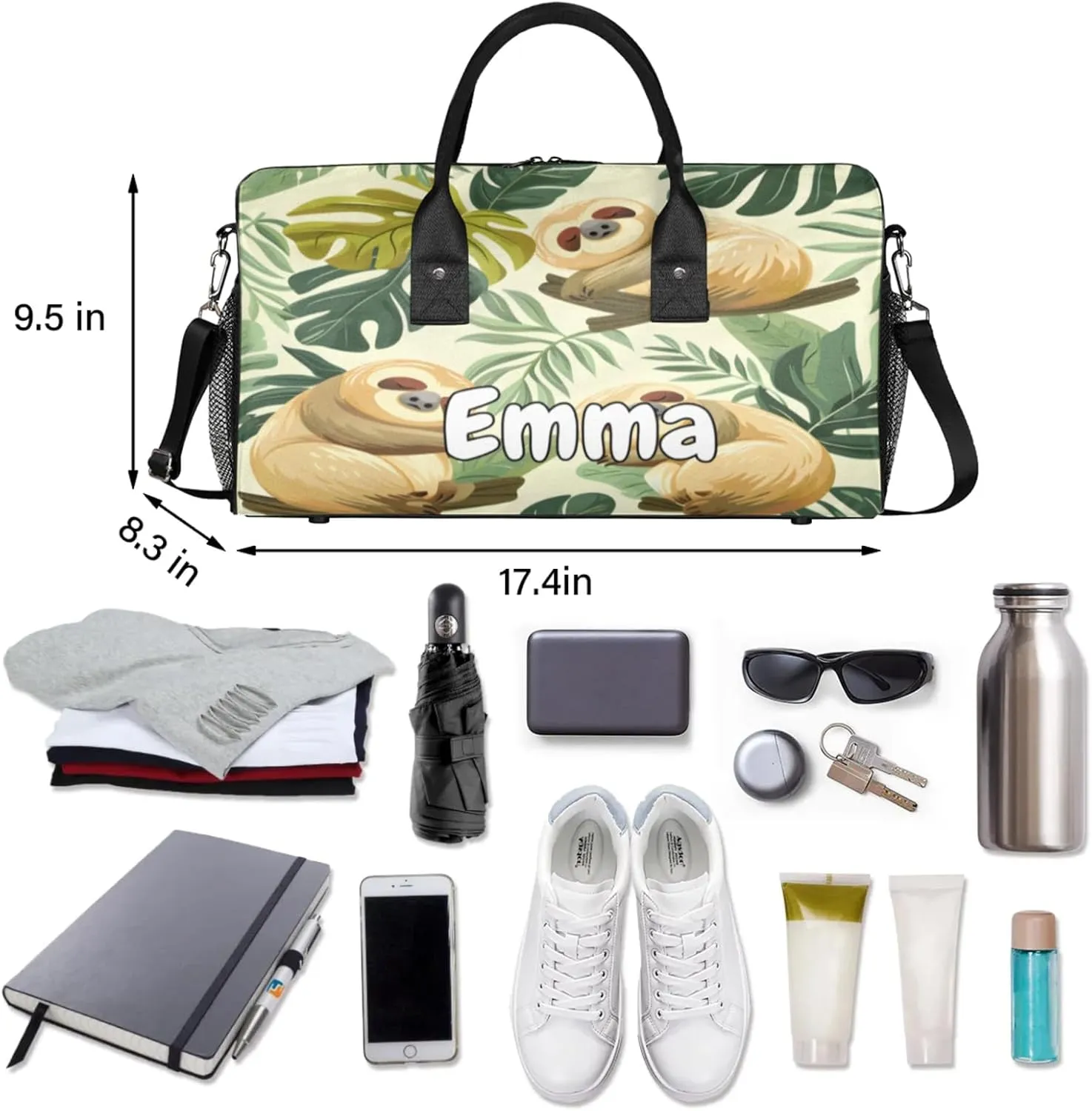 Personalized Funny Sloth Travel Duffel Bag with Name, Custom Gym Sport Bag Jungle Cute Sloth Carry On Weekend Overnight Duffel Bag for Men Women