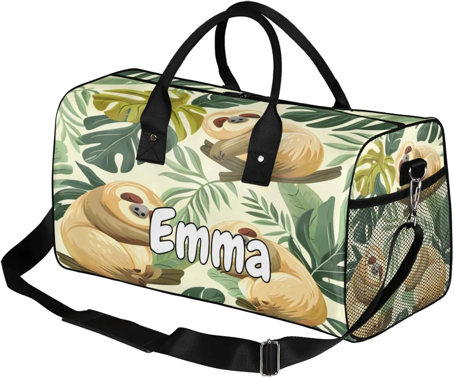 Personalized Funny Sloth Travel Duffel Bag with Name, Custom Gym Sport Bag Jungle Cute Sloth Carry On Weekend Overnight Duffel Bag for Men Women