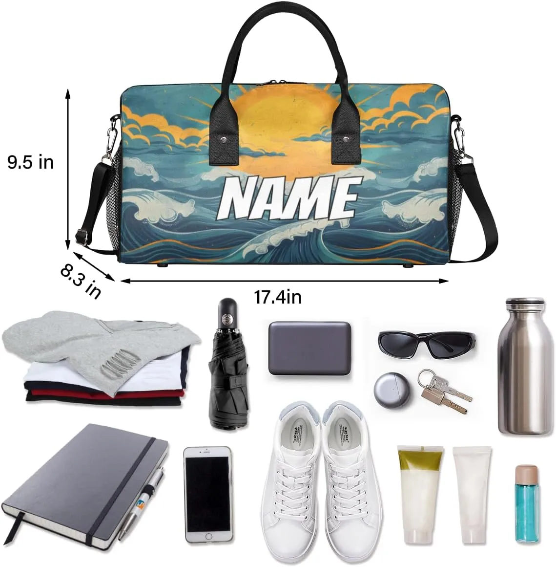 Personalized Great Waves Travel Duffel Bag with Name, Custom Gym Sport Bag Japan Art Carry On Weekend Overnight Duffel Bag for Men Women