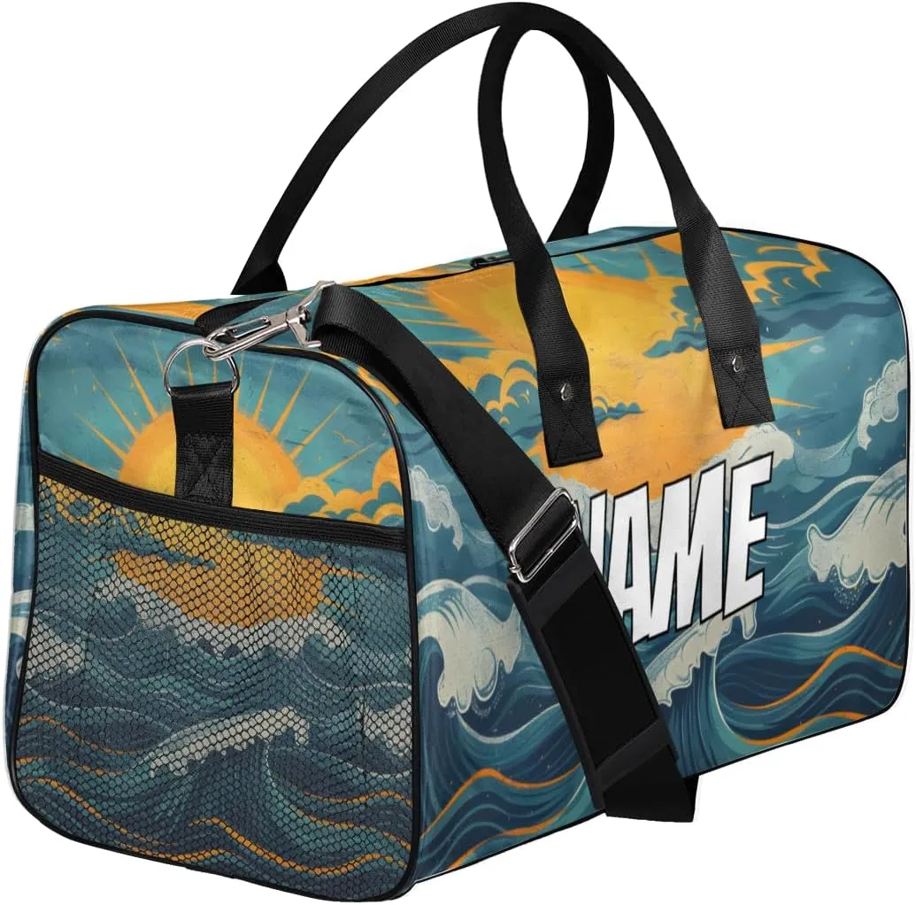 Personalized Great Waves Travel Duffel Bag with Name, Custom Gym Sport Bag Japan Art Carry On Weekend Overnight Duffel Bag for Men Women