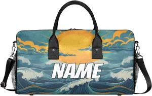 Personalized Great Waves Travel Duffel Bag with Name, Custom Gym Sport Bag Japan Art Carry On Weekend Overnight Duffel Bag for Men Women