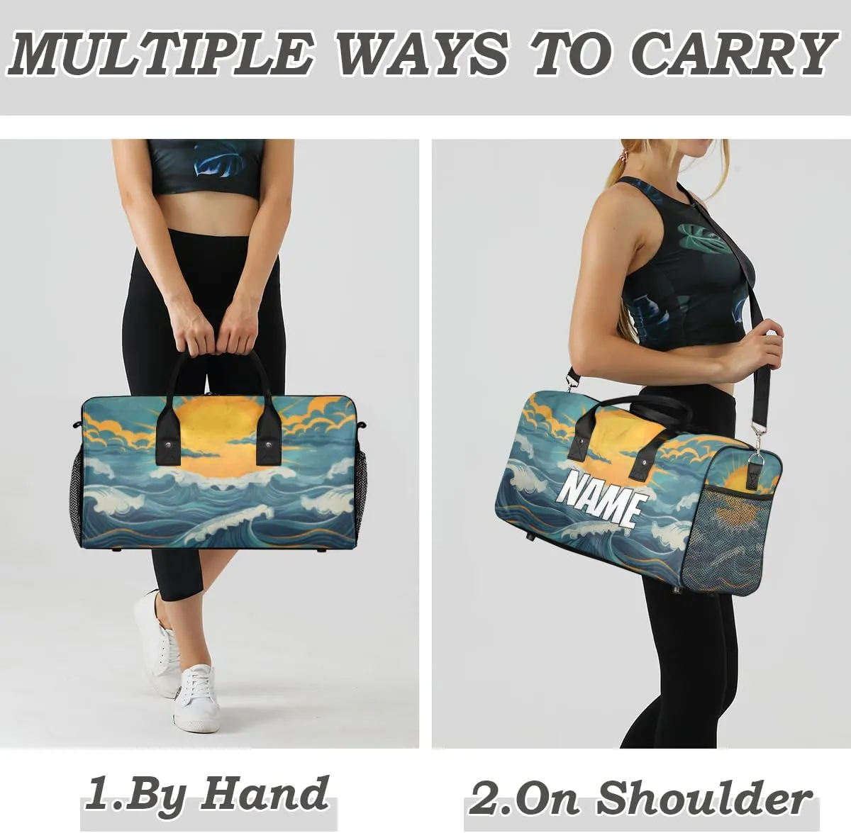 Personalized Great Waves Travel Duffel Bag with Name, Custom Gym Sport Bag Japan Art Carry On Weekend Overnight Duffel Bag for Men Women