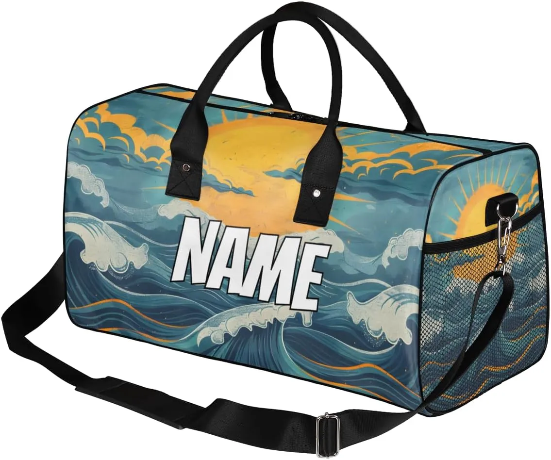 Personalized Great Waves Travel Duffel Bag with Name, Custom Gym Sport Bag Japan Art Carry On Weekend Overnight Duffel Bag for Men Women