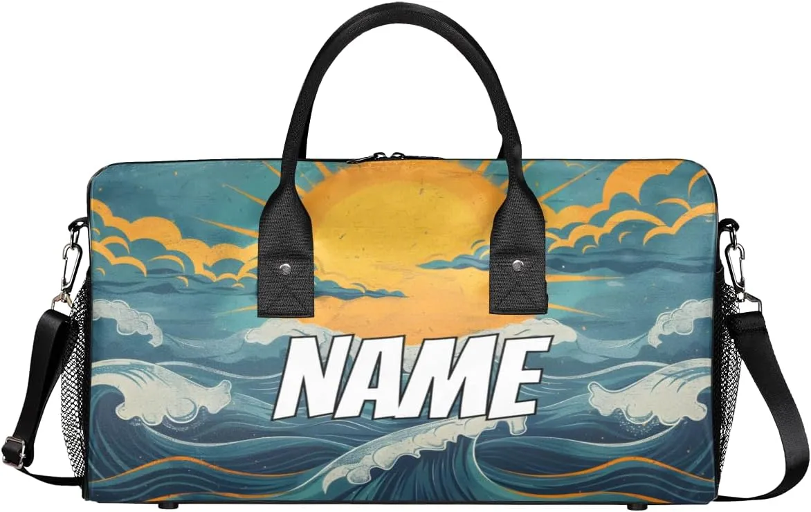 Personalized Great Waves Travel Duffel Bag with Name, Custom Gym Sport Bag Japan Art Carry On Weekend Overnight Duffel Bag for Men Women