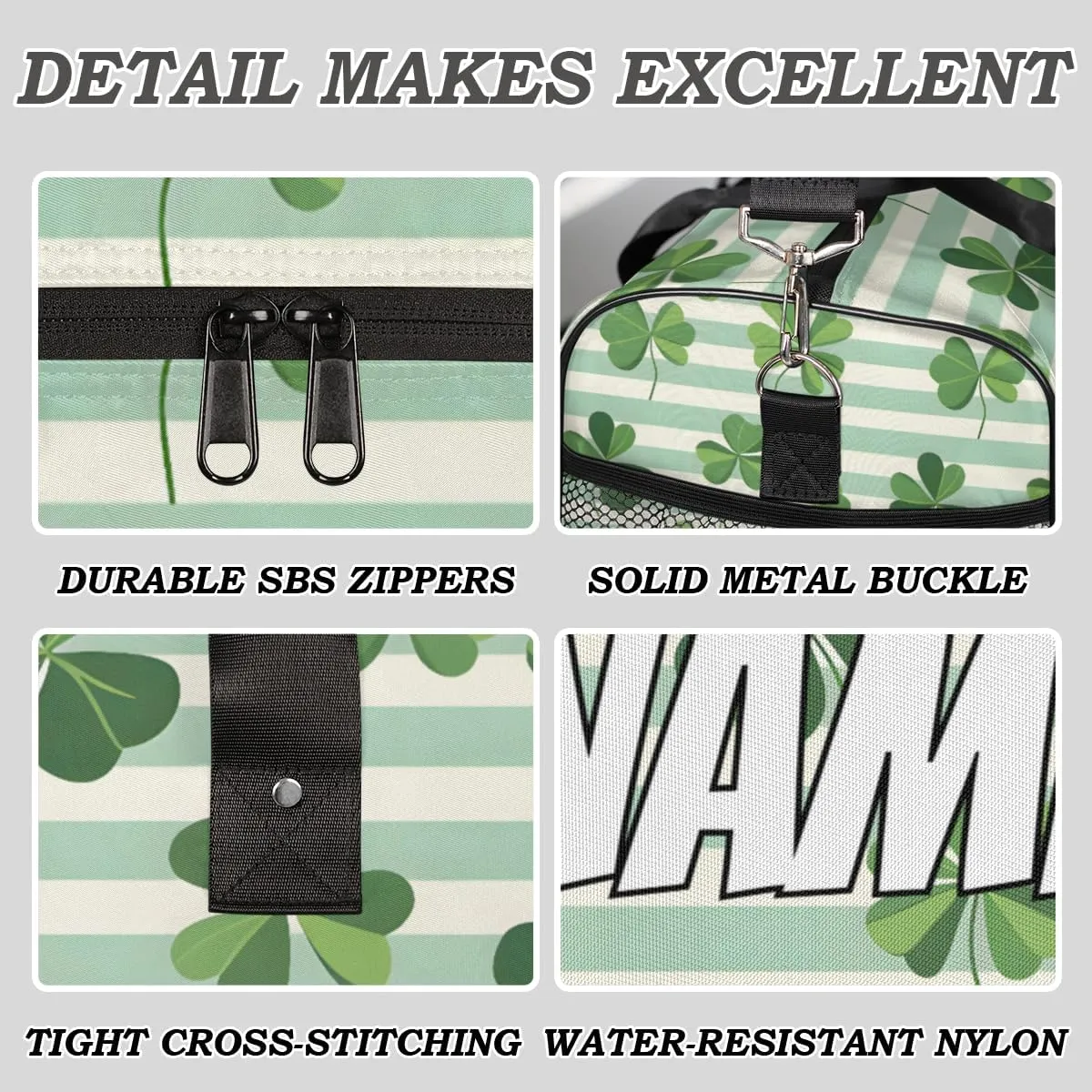 Personalized Green Clover Leaves Travel Duffel Bag with Name, Custom Gym Sport Bag St. Patrick's Day Carry On Weekend Overnight Duffel Bag for Men Women