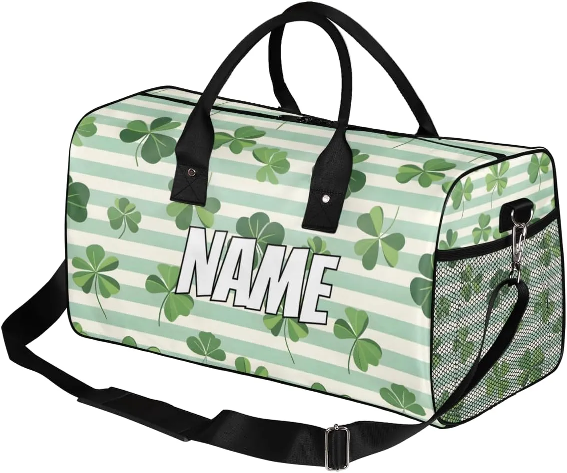 Personalized Green Clover Leaves Travel Duffel Bag with Name, Custom Gym Sport Bag St. Patrick's Day Carry On Weekend Overnight Duffel Bag for Men Women