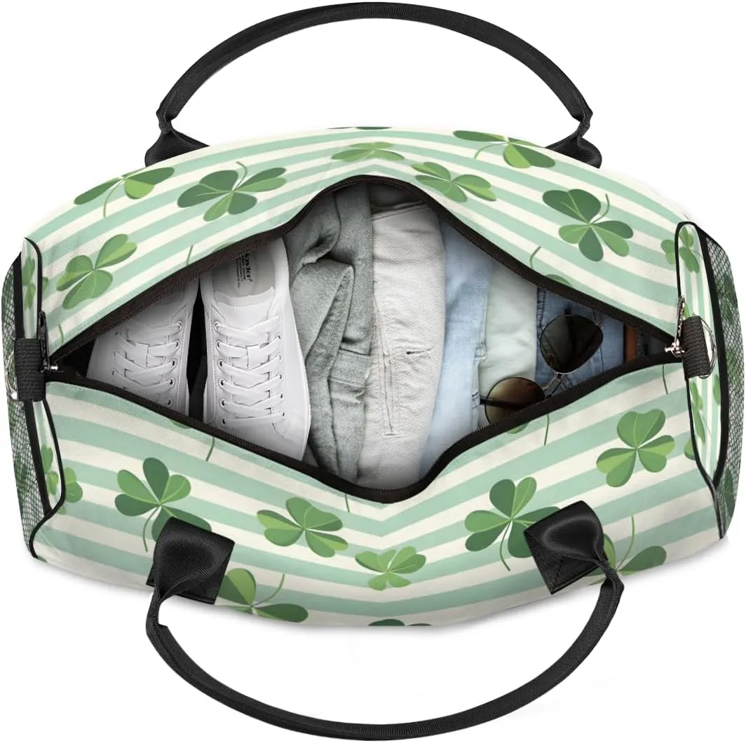 Personalized Green Clover Leaves Travel Duffel Bag with Name, Custom Gym Sport Bag St. Patrick's Day Carry On Weekend Overnight Duffel Bag for Men Women