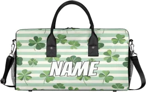 Personalized Green Clover Leaves Travel Duffel Bag with Name, Custom Gym Sport Bag St. Patrick's Day Carry On Weekend Overnight Duffel Bag for Men Women
