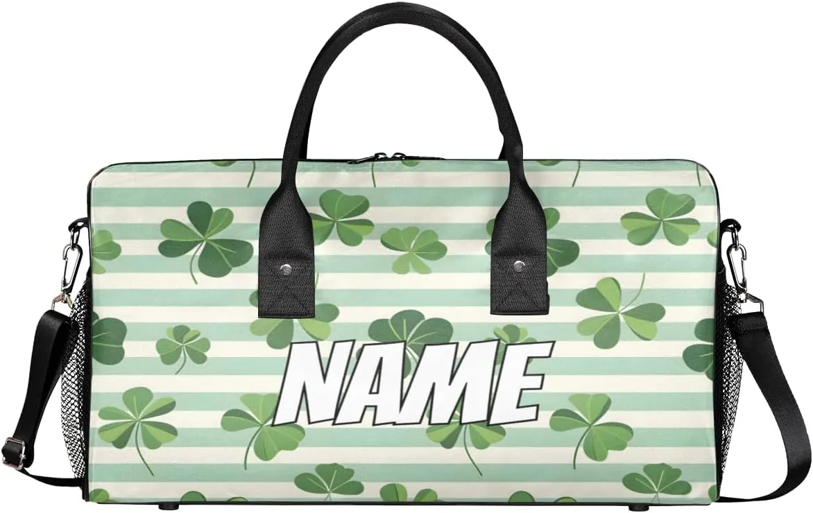 Personalized Green Clover Leaves Travel Duffel Bag with Name, Custom Gym Sport Bag St. Patrick's Day Carry On Weekend Overnight Duffel Bag for Men Women