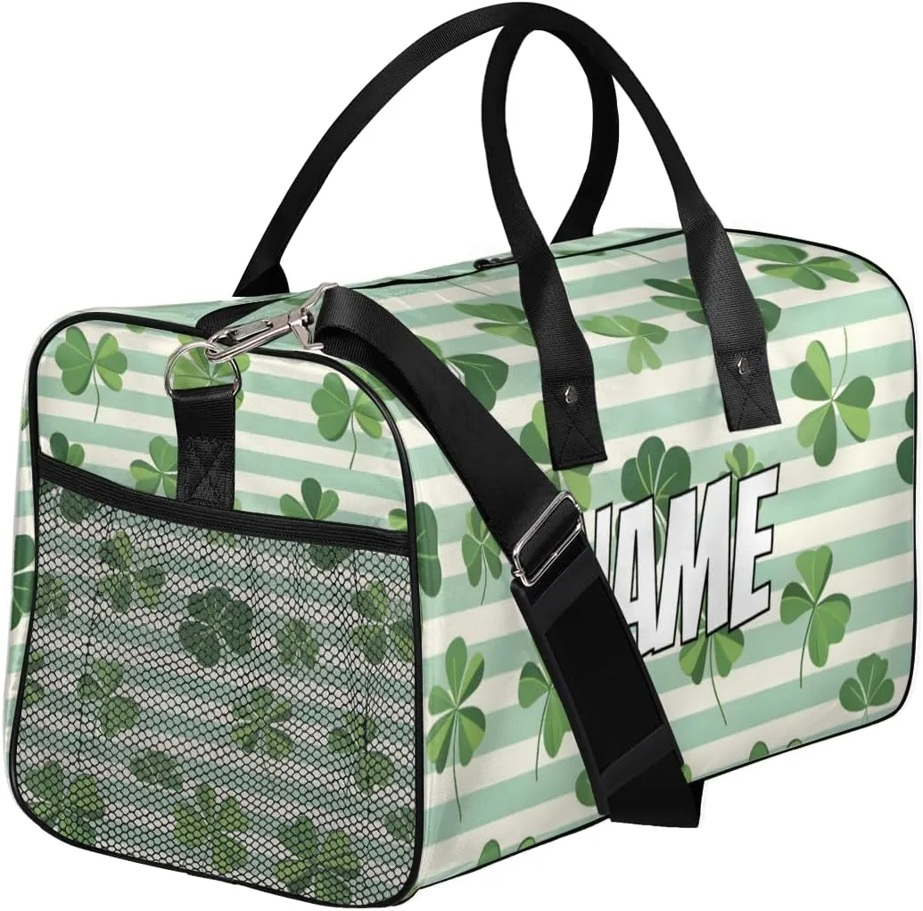 Personalized Green Clover Leaves Travel Duffel Bag with Name, Custom Gym Sport Bag St. Patrick's Day Carry On Weekend Overnight Duffel Bag for Men Women