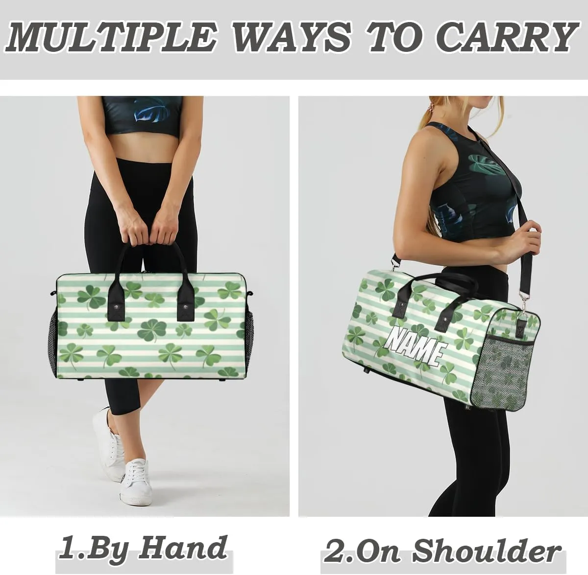 Personalized Green Clover Leaves Travel Duffel Bag with Name, Custom Gym Sport Bag St. Patrick's Day Carry On Weekend Overnight Duffel Bag for Men Women
