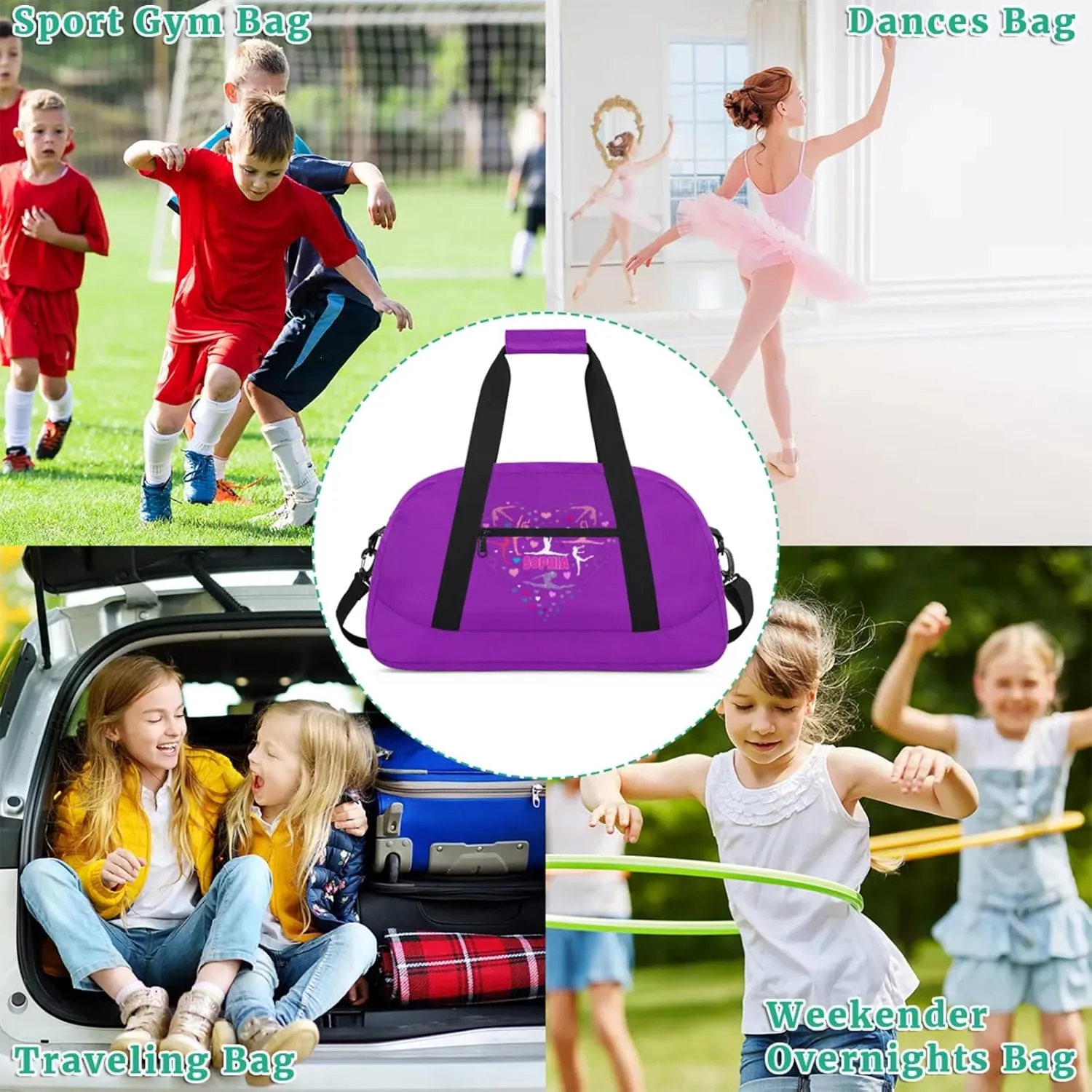 Personalized Gym Bag for Teens, Custom Dark Orchid Purple Dance Bag Named Overnight Gym Silhouette Love Heart Duffel Bag for Practice Gymnastics Ballet Sports Bag