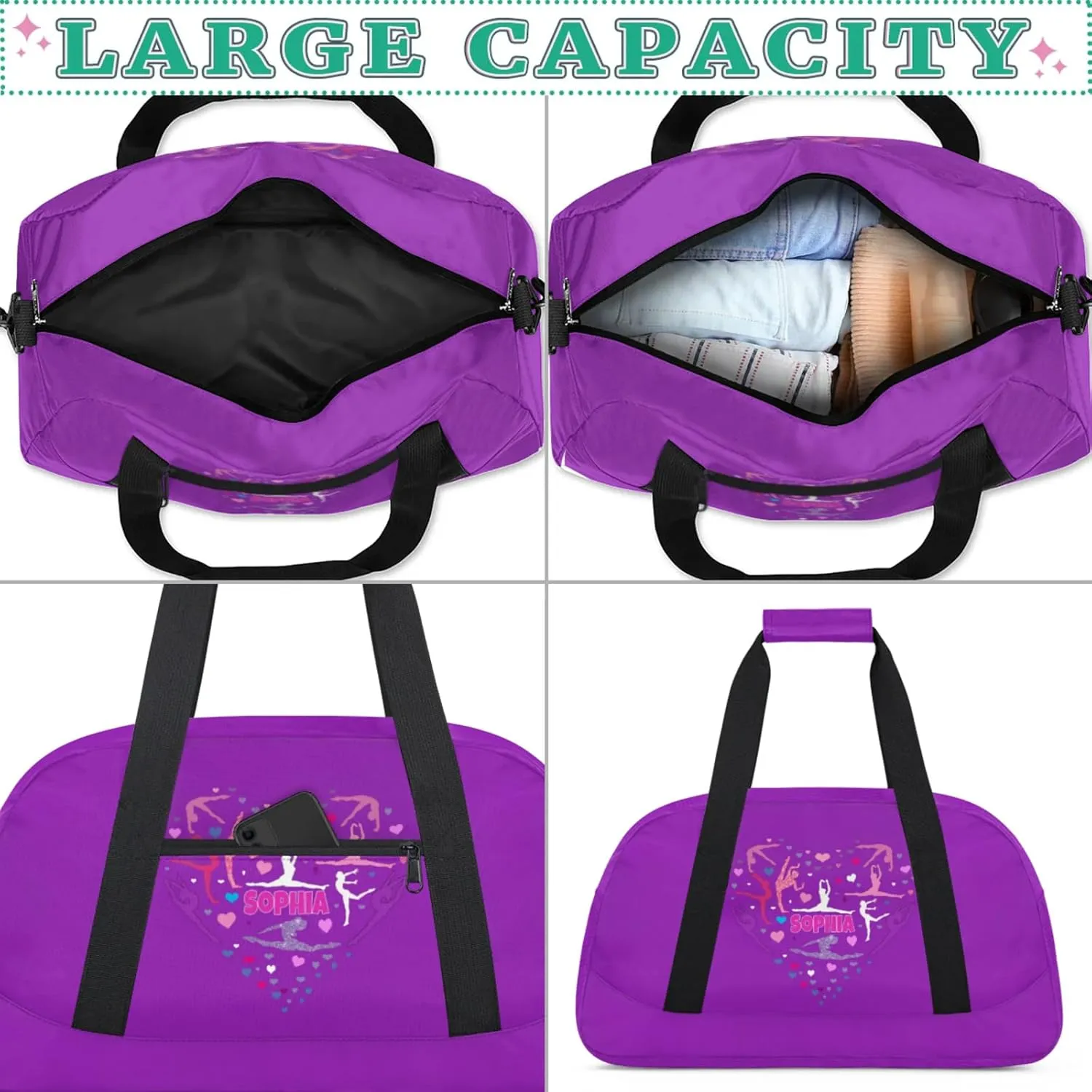 Personalized Gym Bag for Teens, Custom Dark Orchid Purple Dance Bag Named Overnight Gym Silhouette Love Heart Duffel Bag for Practice Gymnastics Ballet Sports Bag