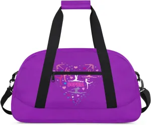 Personalized Gym Bag for Teens, Custom Dark Orchid Purple Dance Bag Named Overnight Gym Silhouette Love Heart Duffel Bag for Practice Gymnastics Ballet Sports Bag