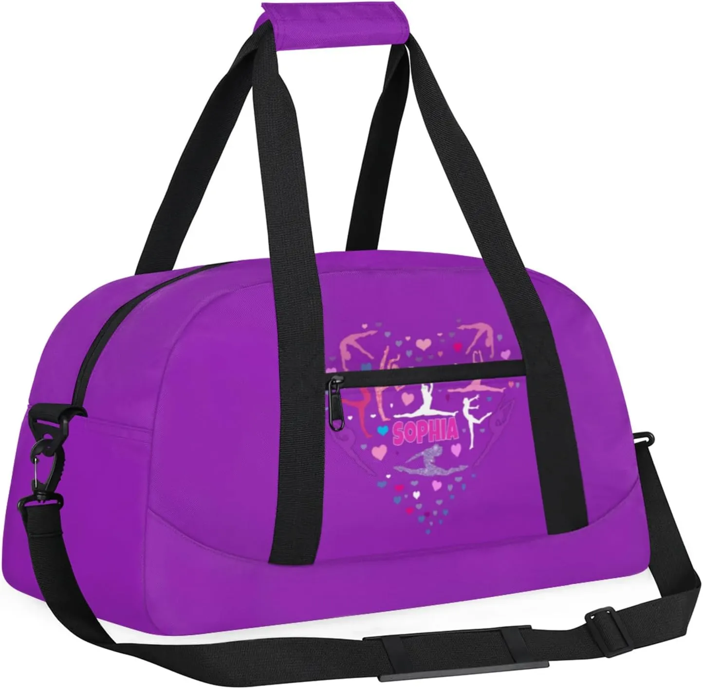 Personalized Gym Bag for Teens, Custom Dark Orchid Purple Dance Bag Named Overnight Gym Silhouette Love Heart Duffel Bag for Practice Gymnastics Ballet Sports Bag