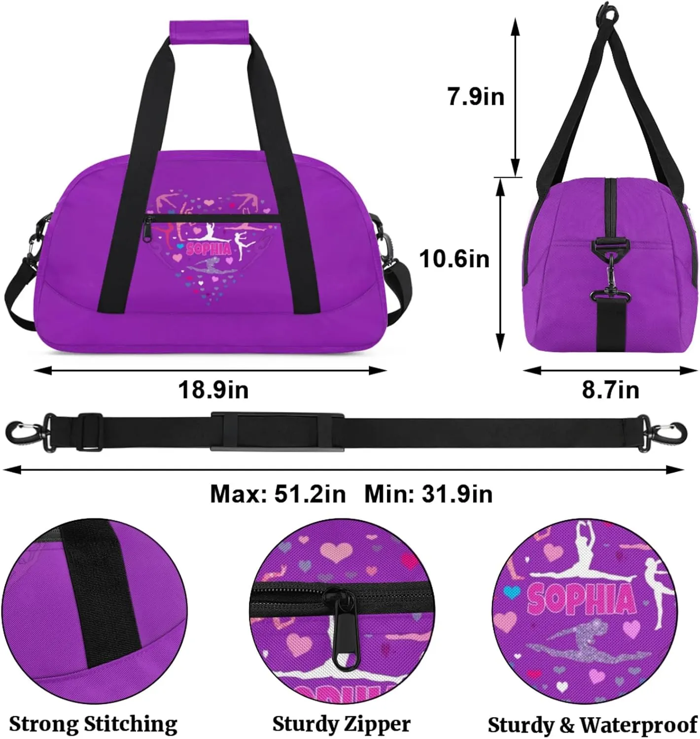 Personalized Gym Bag for Teens, Custom Dark Orchid Purple Dance Bag Named Overnight Gym Silhouette Love Heart Duffel Bag for Practice Gymnastics Ballet Sports Bag