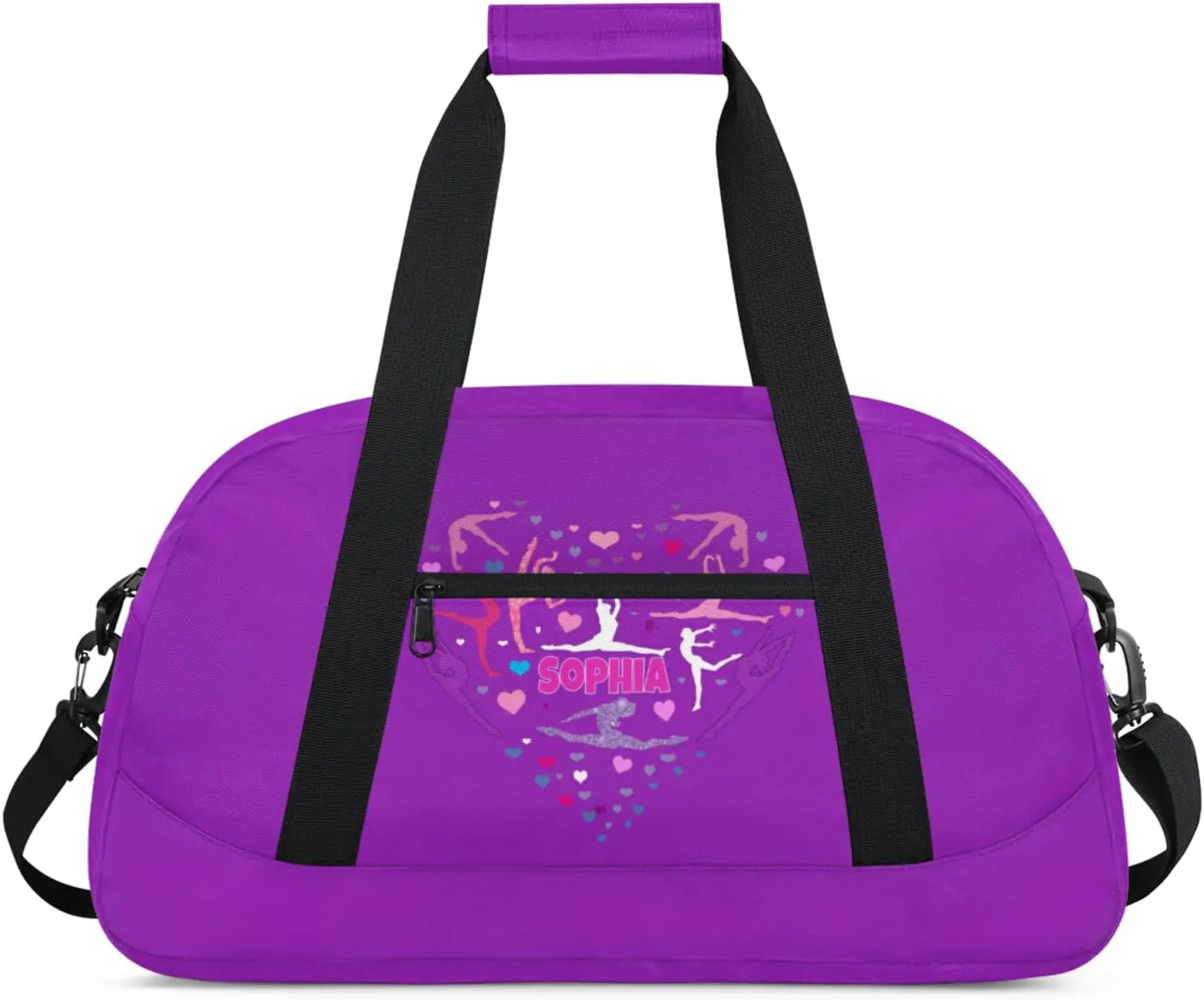 Personalized Gym Bag for Teens, Custom Dark Orchid Purple Dance Bag Named Overnight Gym Silhouette Love Heart Duffel Bag for Practice Gymnastics Ballet Sports Bag