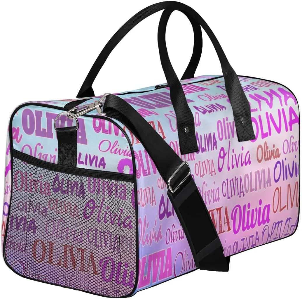 Personalized Gym Bag Women, Custom Sport Duffel Bag Dance Bag Name with Love Heart Weekender Bags Travel Duffel Bag Pink Names Gradient Blue Pink Background