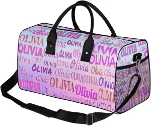 Personalized Gym Bag Women, Custom Sport Duffel Bag Dance Bag Name with Love Heart Weekender Bags Travel Duffel Bag Pink Names Gradient Blue Pink Background