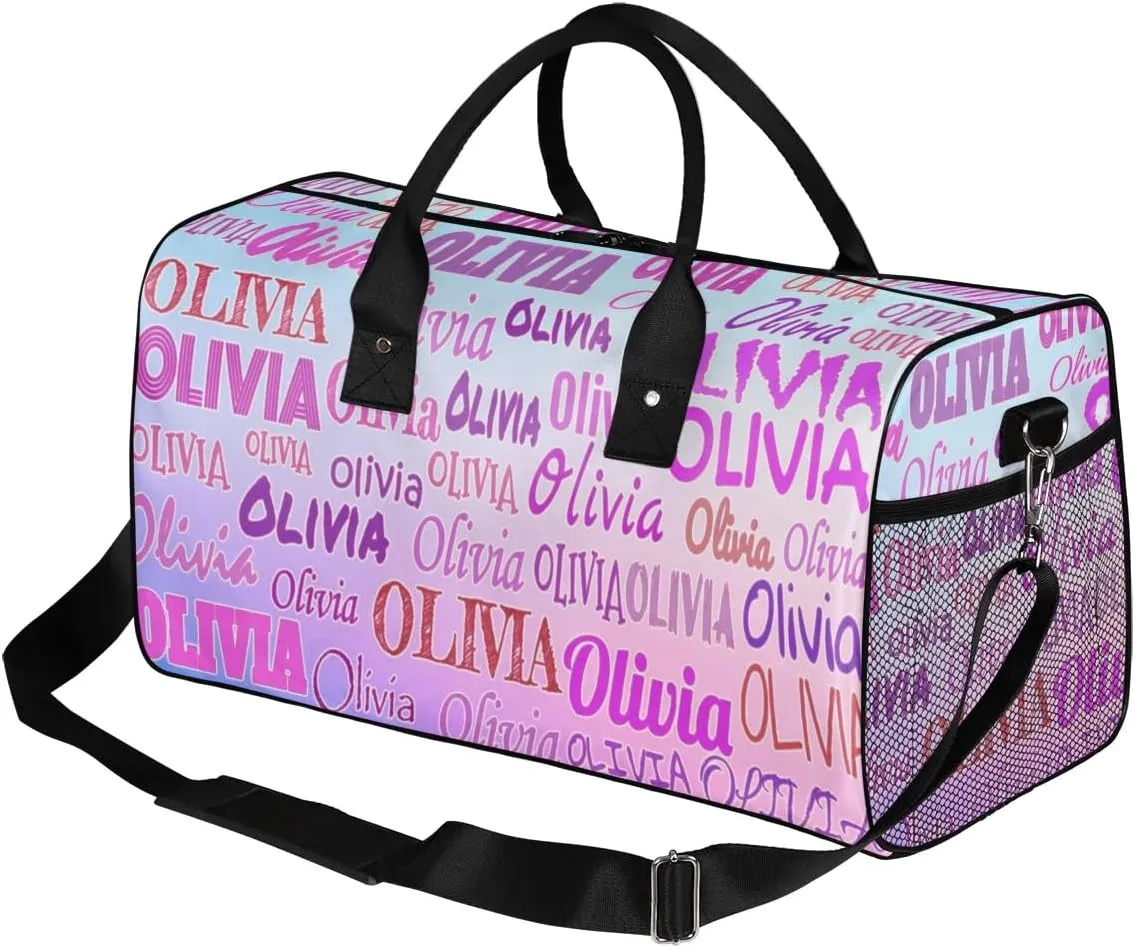 Personalized Gym Bag Women, Custom Sport Duffel Bag Dance Bag Name with Love Heart Weekender Bags Travel Duffel Bag Pink Names Gradient Blue Pink Background