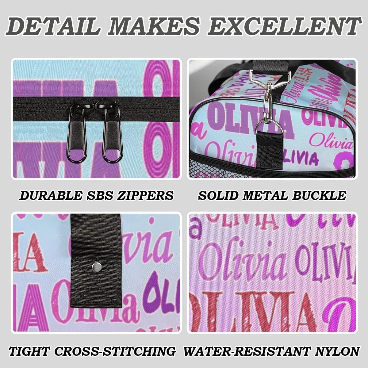 Personalized Gym Bag Women, Custom Sport Duffel Bag Dance Bag Name with Love Heart Weekender Bags Travel Duffel Bag Pink Names Gradient Blue Pink Background