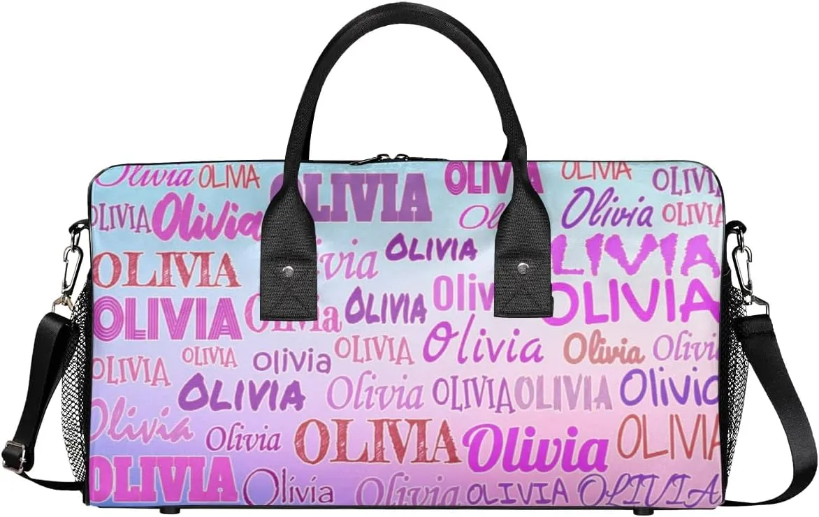 Personalized Gym Bag Women, Custom Sport Duffel Bag Dance Bag Name with Love Heart Weekender Bags Travel Duffel Bag Pink Names Gradient Blue Pink Background