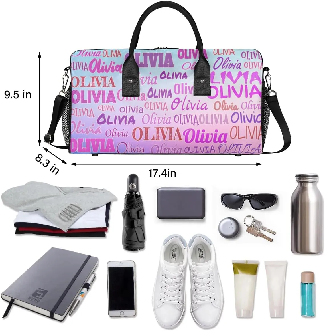 Personalized Gym Bag Women, Custom Sport Duffel Bag Dance Bag Name with Love Heart Weekender Bags Travel Duffel Bag Pink Names Gradient Blue Pink Background