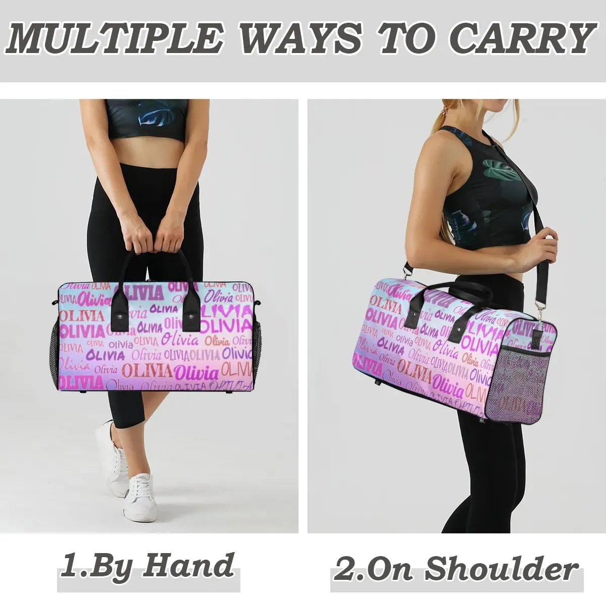 Personalized Gym Bag Women, Custom Sport Duffel Bag Dance Bag Name with Love Heart Weekender Bags Travel Duffel Bag Pink Names Gradient Blue Pink Background