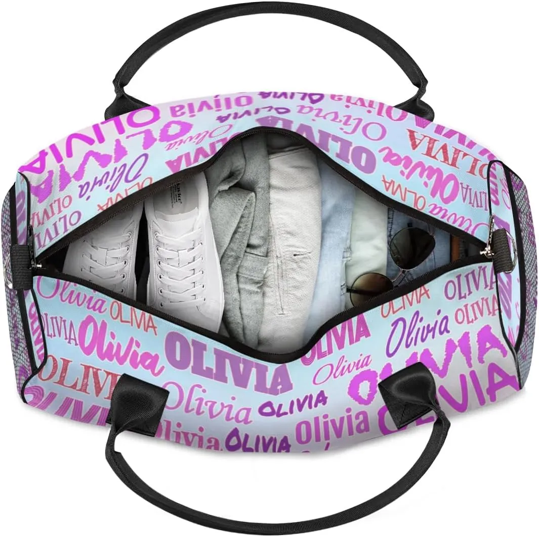 Personalized Gym Bag Women, Custom Sport Duffel Bag Dance Bag Name with Love Heart Weekender Bags Travel Duffel Bag Pink Names Gradient Blue Pink Background