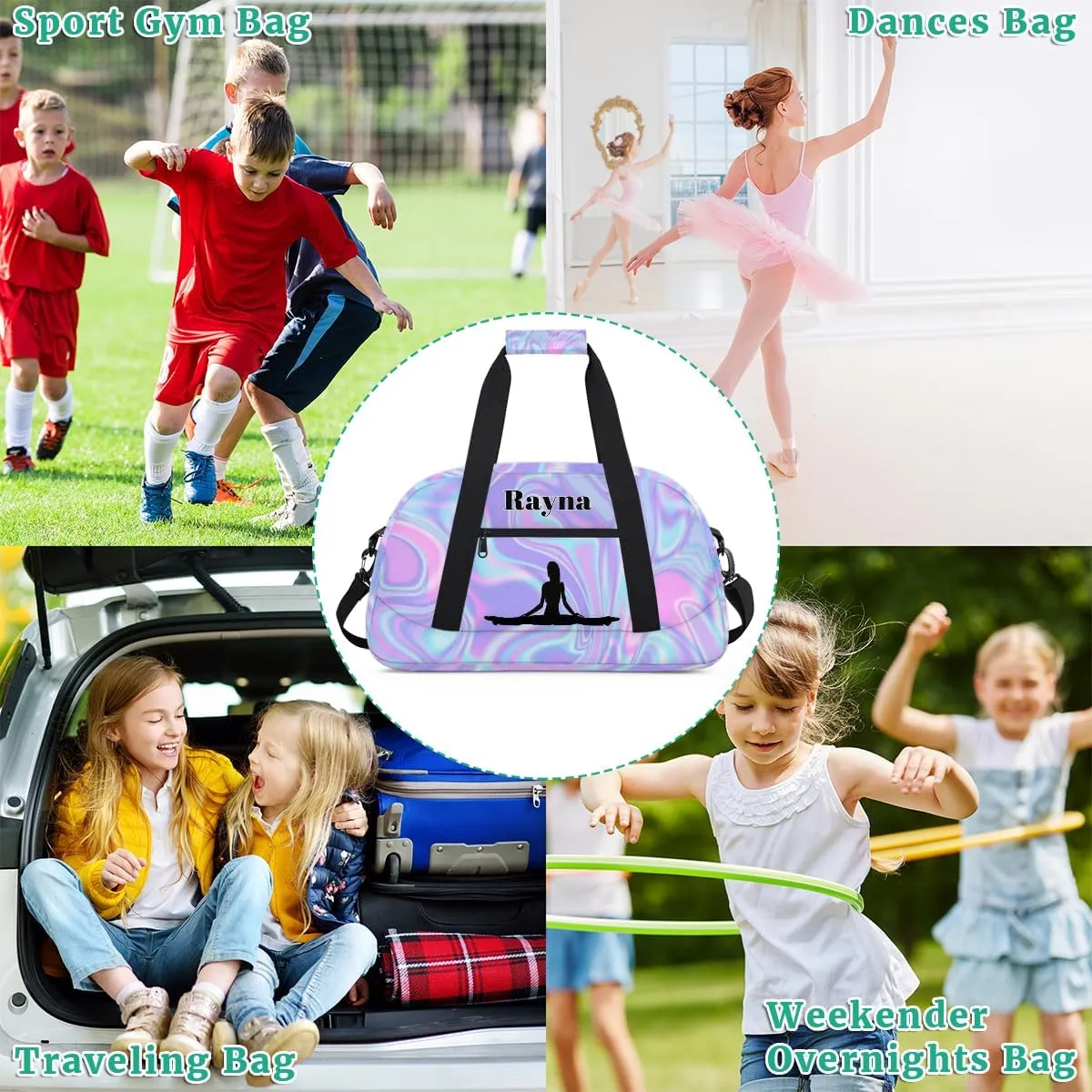 Personalized Gym Dance Bag for Girls, Custom Name Sports Duffel Cheer Bag Overnight Weekender Sleepover Bag Travel Perform Bag Purple Blue Texture