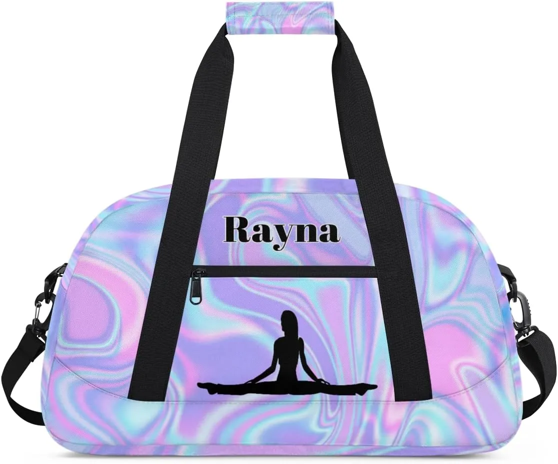 Personalized Gym Dance Bag for Girls, Custom Name Sports Duffel Cheer Bag Overnight Weekender Sleepover Bag Travel Perform Bag Purple Blue Texture