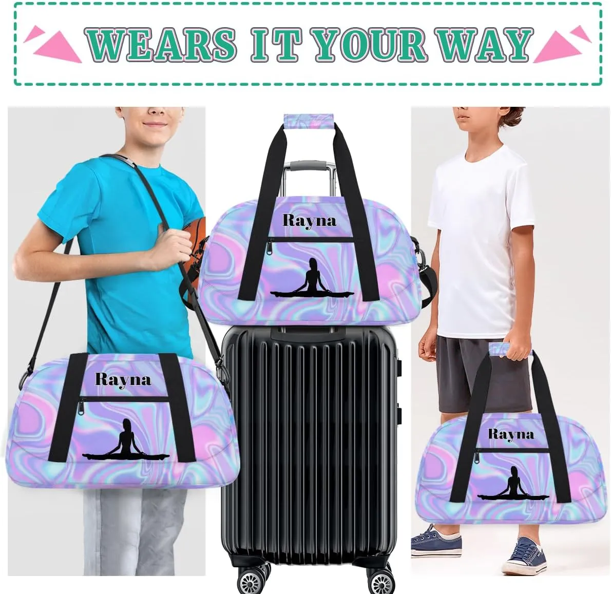 Personalized Gym Dance Bag for Girls, Custom Name Sports Duffel Cheer Bag Overnight Weekender Sleepover Bag Travel Perform Bag Purple Blue Texture