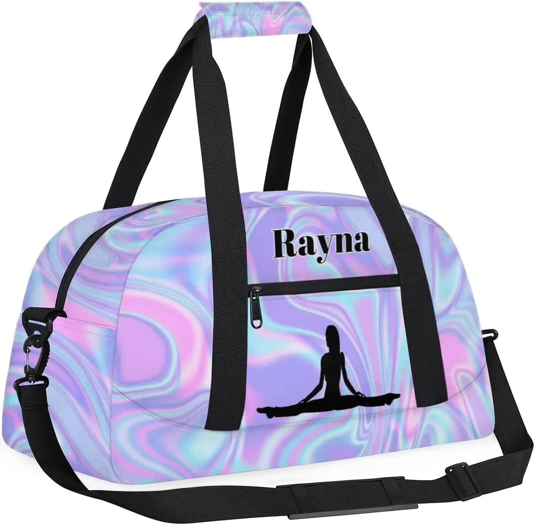 Personalized Gym Dance Bag for Girls, Custom Name Sports Duffel Cheer Bag Overnight Weekender Sleepover Bag Travel Perform Bag Purple Blue Texture