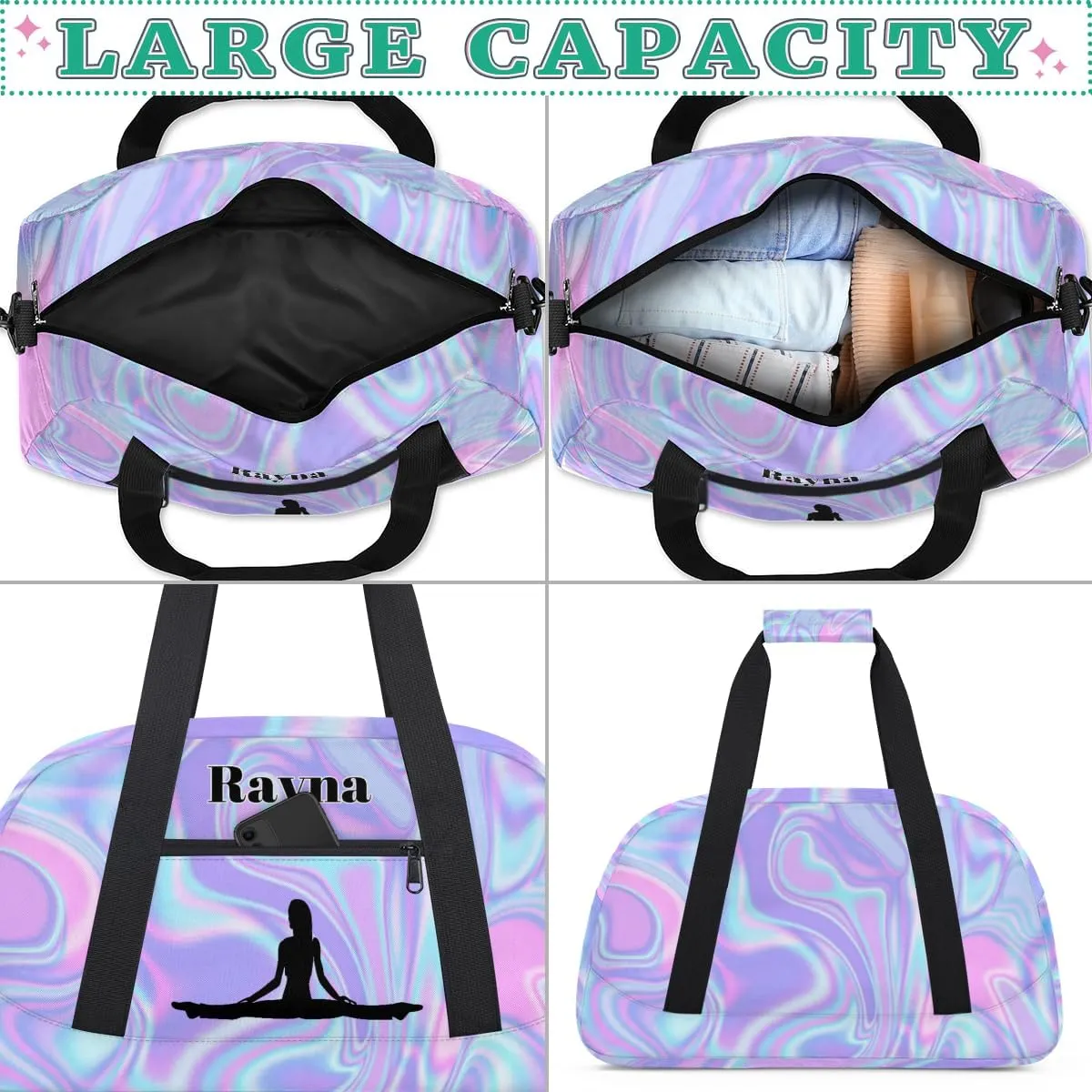 Personalized Gym Dance Bag for Girls, Custom Name Sports Duffel Cheer Bag Overnight Weekender Sleepover Bag Travel Perform Bag Purple Blue Texture