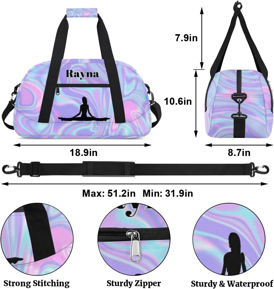 Personalized Gym Dance Bag for Girls, Custom Name Sports Duffel Cheer Bag Overnight Weekender Sleepover Bag Travel Perform Bag Purple Blue Texture