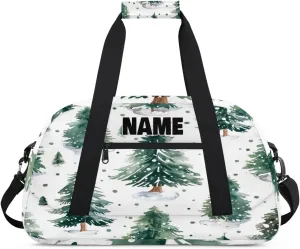 Personalized Gym Dance Bag with Name, Winter Pine Tree with Snow Custom Cheerleading Duffel Bag Travel Weekender Overnight Carry On Sleepover Bag