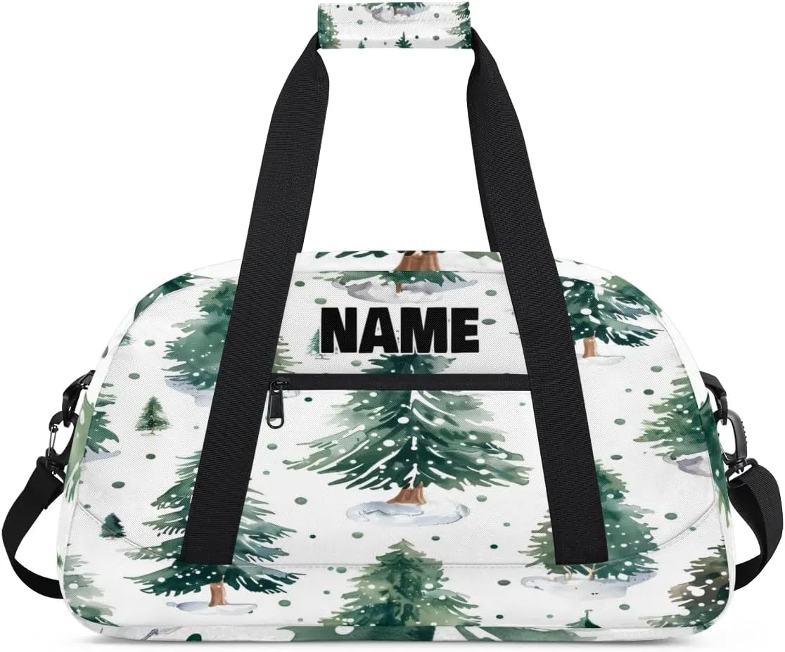 Personalized Gym Dance Bag with Name, Winter Pine Tree with Snow Custom Cheerleading Duffel Bag Travel Weekender Overnight Carry On Sleepover Bag