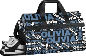 Personalized Gym Sport Duffel Bag Custom Name Travel Overnight Bag with Shoe Compartment Waterproof Customized Dance Bag Carry-On Tote, Blue Black