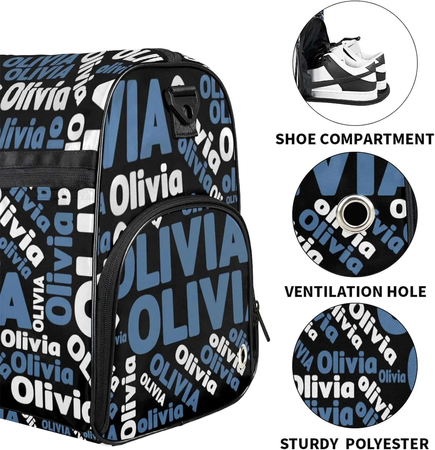 Personalized Gym Sport Duffel Bag Custom Name Travel Overnight Bag with Shoe Compartment Waterproof Customized Dance Bag Carry-On Tote, Blue Black
