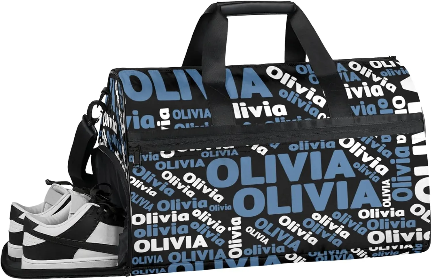Personalized Gym Sport Duffel Bag Custom Name Travel Overnight Bag with Shoe Compartment Waterproof Customized Dance Bag Carry-On Tote, Blue Black