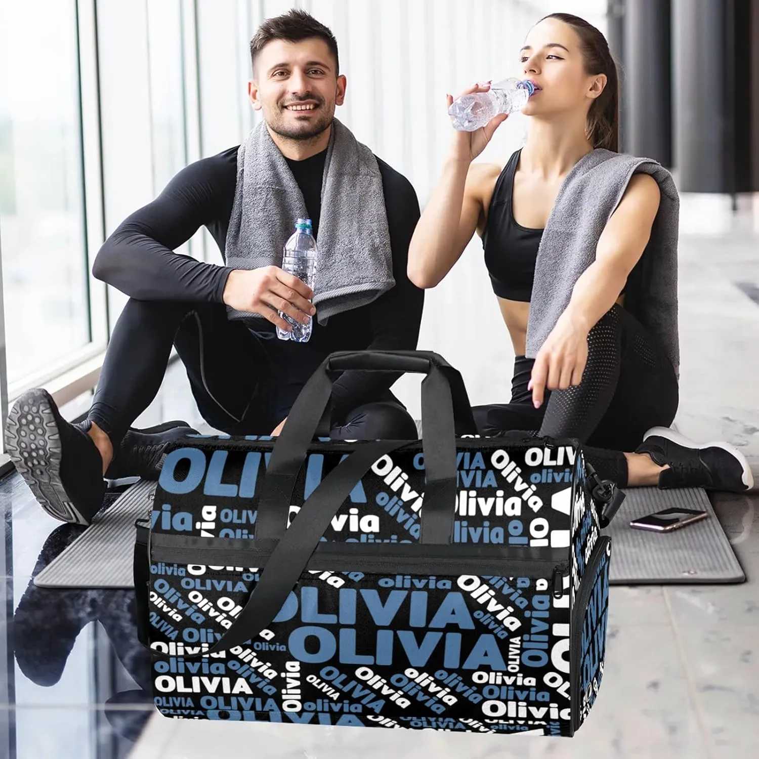 Personalized Gym Sport Duffel Bag Custom Name Travel Overnight Bag with Shoe Compartment Waterproof Customized Dance Bag Carry-On Tote, Blue Black
