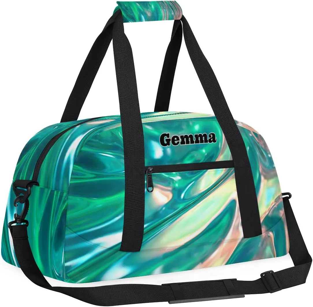 Personalized Gymnast Gym Bag for Girl, Named Sport Duffel Bag Dance Bag Customized Travel Duffle Bag with Name Overnight Weekender Bag Perform Cheer Bag, Bright Shiny Glittering Gradient Green
