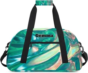 Personalized Gymnast Gym Bag for Girl, Named Sport Duffel Bag Dance Bag Customized Travel Duffle Bag with Name Overnight Weekender Bag Perform Cheer Bag, Bright Shiny Glittering Gradient Green