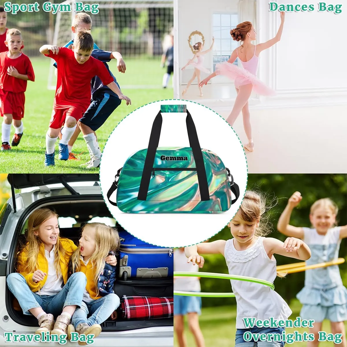 Personalized Gymnast Gym Bag for Girl, Named Sport Duffel Bag Dance Bag Customized Travel Duffle Bag with Name Overnight Weekender Bag Perform Cheer Bag, Bright Shiny Glittering Gradient Green
