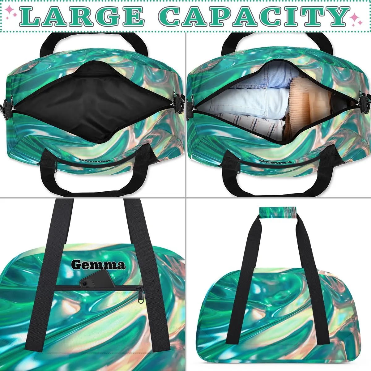 Personalized Gymnast Gym Bag for Girl, Named Sport Duffel Bag Dance Bag Customized Travel Duffle Bag with Name Overnight Weekender Bag Perform Cheer Bag, Bright Shiny Glittering Gradient Green