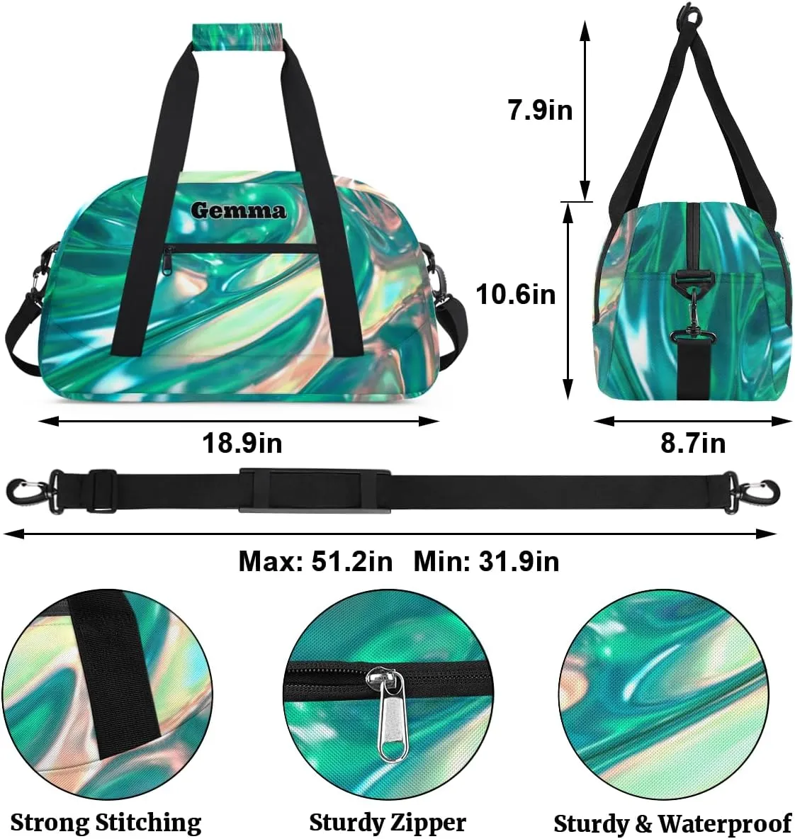 Personalized Gymnast Gym Bag for Girl, Named Sport Duffel Bag Dance Bag Customized Travel Duffle Bag with Name Overnight Weekender Bag Perform Cheer Bag, Bright Shiny Glittering Gradient Green