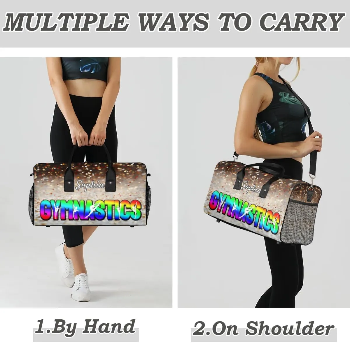 Personalized Gymnastic Bag for Women, Custom Name Sport Duffel Bag Gym Bag Travel Duffle Bag Overnight Weekender Bag, Glitters Colourful